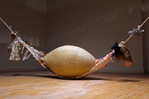 An Unstable Foundation, 2020, handbuilt earthenware, upcycled and crocheted plastic bags, handmade paper from harvested plants