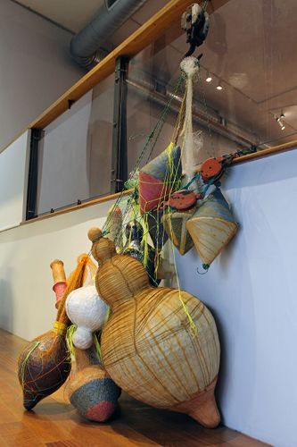 Sink or Swim, 2020, hand built earthenware, stoneware, porcelain, woven electrical wire, knit and crocheted fishing line, handmade paper from upcycled old clothing and harvested plants, rust dye, antique hooks