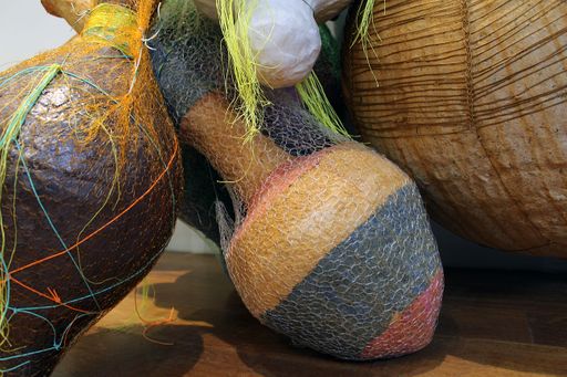 Sink or Swim (detail), 2020, hand built earthenware, stoneware, porcelain, woven electrical wire, knit and crocheted fishing line, handmade paper from upcycled old clothing and harvested plants, rust dye, antique hooks