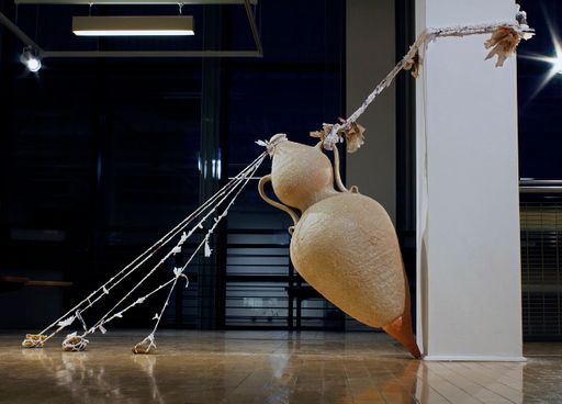 A Precarious Situation, 2020, handbuilt earthenware, upcycled and crocheted plastic bags, handmade paper from harvested plants, rocks