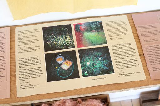 varied clarity: an index, 2021, handmade paper and ink, natural dye, cloth, reclaimed lumber, 7’ x 14’ installation. Photo credit: Hope Millham