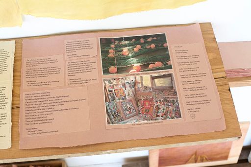 varied clarity: an index, 2021, handmade paper and ink, natural dye, cloth, reclaimed lumber, 7’ x 14’ installation. Photo credit: Hope Millham