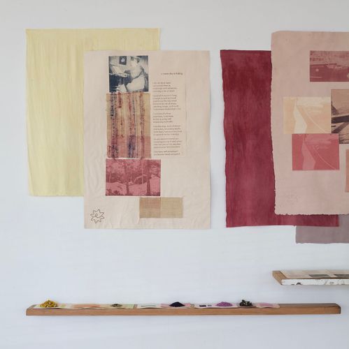 varied clarity: an index, 2021, handmade paper and ink, natural dye, cloth, reclaimed lumber, 7’ x 14’ installation