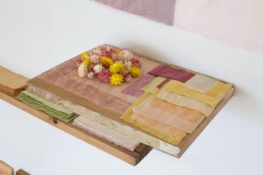 varied clarity: an index, 2021, handmade paper and ink, natural dye, cloth, reclaimed lumber, 7’ x 14’ installation. Photo credit: Hope Millham