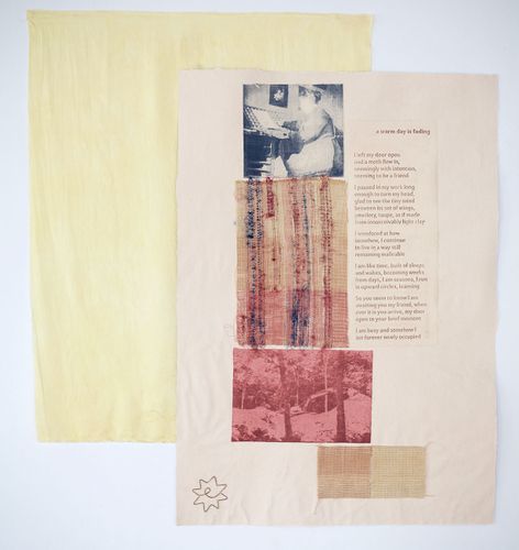 varied clarity: an index, 2021, handmade paper and ink, natural dye, cloth, reclaimed lumber, 7’ x 14’ installation. Photo credit: Hope Millham