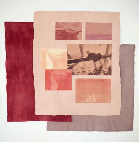 varied clarity: an index, 2021, handmade paper and ink, natural dye, cloth, reclaimed lumber, 7’ x 14’ installation. Photo credit: Hope Millham