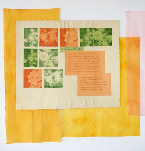 varied clarity: an index, 2021, handmade paper and ink, natural dye, cloth, reclaimed lumber, 7’ x 14’ installation. Photo credit: Hope Millham