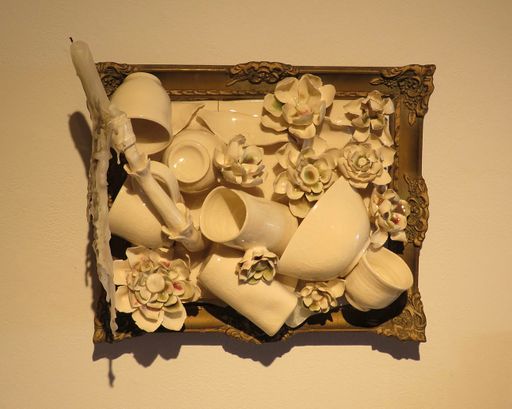 A Presence of Departed Acts, 2021, clay, glaze, found frames, candles