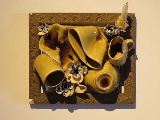 A Presence of Departed Acts, 2021, clay, glaze, found frames, candles