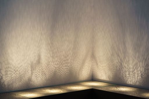 Breathing Room (detail), 2022, clay slip, glass, cabinets, led lights, sound, 112” x 96” x 20”