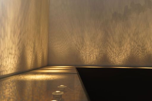 Breathing Room (detail), 2022, clay slip, glass, cabinets, led lights, sound, 112” x 96” x 20”