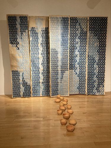 Water Revivalists, 2022, Paper, flax, abaca fiber, and screen printing, each of five panels 23.5 x 96 in.