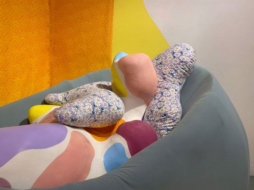 I Always Feel Better Once We're Together, Embraced in Each Other (detail), 2022 Ceramic, fabric, steel, wallpaper