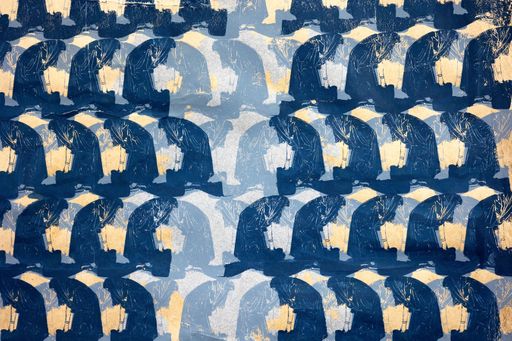 Water Revivalists (detail), 2022, Paper, flax, abaca fiber, and screen printing, each of five panels 23.5 x 96 in.