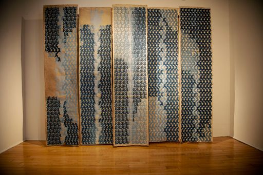 Water Revivalists, 2022, Paper, flax, abaca fiber, and screen printing, each of five panels 23.5 x 96 in.