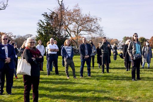 Audiences assemble for campus tours as part of Nancy Holt: Massachusetts symposium. November 11, 2021. Photo: Chris Diani