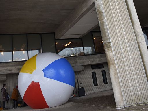 Participatory Art with Artist Negar Farajian, with giant beach ball on campus quad