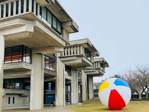 Participatory Art with Artist Negar Farajian, with giant beach ball on campus quad
