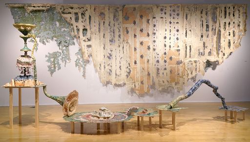 Crumbs Under My Pillow, ca. 2017-2023, wallpaper, adhesive, Tyvek, cast paper, wood 120 × 240 × 80 in.