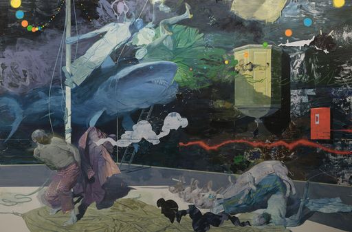 The Song of the Sirens, 2024, oil and collage (Mylar) on linoleum, 137 x 209 in. Courtesy of Galerie Thomas Fuchs, Stuttgart, Germany