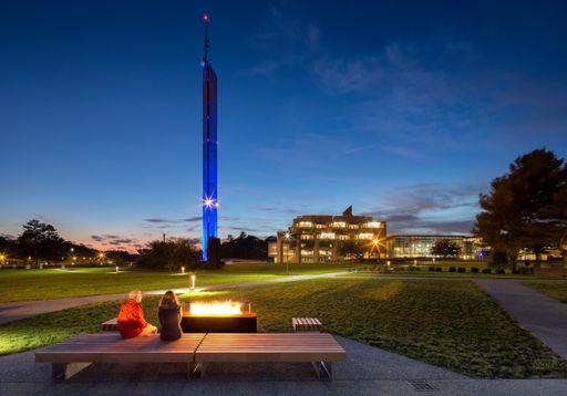 Two students sitting by a fire