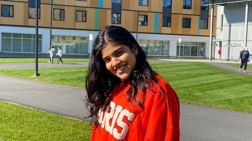 Adwita Saxena in front of the first-year dorms