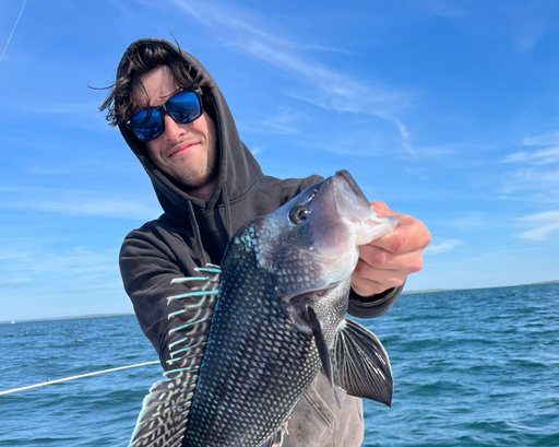 SMAST PhD student Kamran Walsh holding a fish on a boat