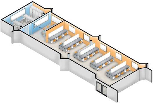 Diagram of interior of UMassD Textile 101 A-E lab room, featuring various textile equipment and workstations.