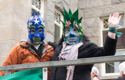 Father Ocean Mask (left) created by Jim Kay in 2015 and awarded to Joe Lopez for his contributions to the environment.