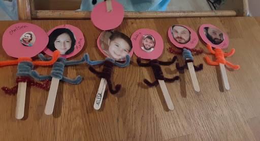 Family Puppets. Popsicle sticks, pipe cleaners, old construction paper, and left over family photos. Ella Ferri 2021