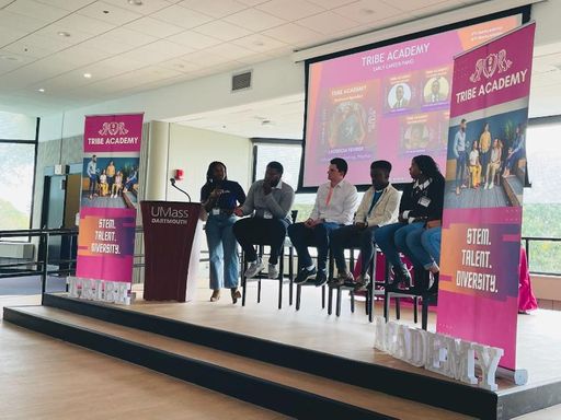 The Early Career Panel featured three UMass Dartmouth alumni - Laodecia Fevrier (Wayfair and Tribe Academy mentor), Oluwafemi Akindele (Dell Technologies and Tribe Academy alumni) and Keaslee Sermeil (Fidelity Investments and Tribe Academy alumni)