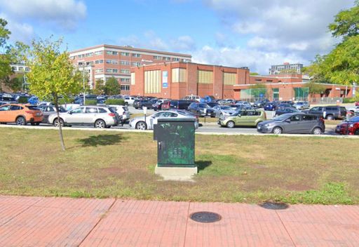Electrical box alongside Route 18 in New Bedford before being painted by illustration major Chloe Canterbury.