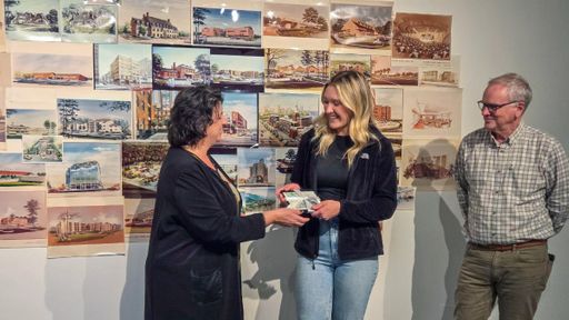 IAD Professor Rose Mary Botti-Salitsky and CVPA Dean Lawrence Jenkens award Heather Cachia inaugural Tamotsu Yamamoto Scholarship