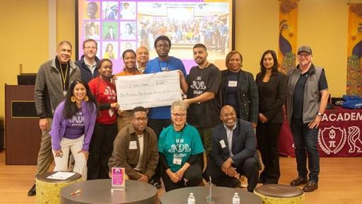 Competition winners with leadership judges: Somkene Chizea - UMass Dartmouth, Freshmen, Sharday Johnson - URI, Freshmen, Kwabena Owusu-Achiaw - UMass Dartmouth, Sophomore, Jad Albatal - URI, Freshmen