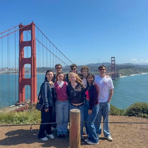 Members of UMassD's Collegiate DECA team pictured at the Golden Gate Bridge.