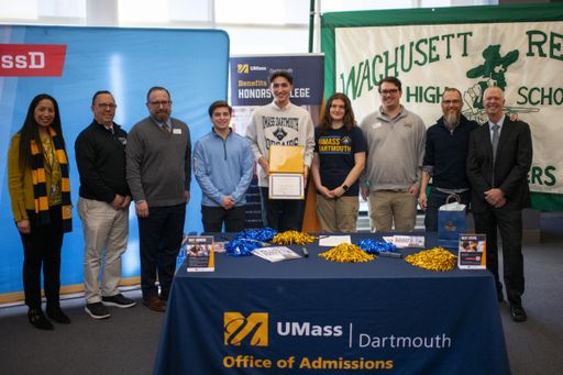 Jack Greene with UMassD staff, previous Founders' recipients, and his high school principal