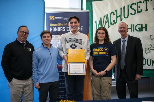 Jack Greene with previous Founders' Scholarship recipients Zachary Gay and Molly Gedutis, his high school principal, and Chancellor Fuller