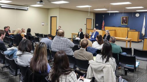 Three associate justices of the MA appeals court sit for a Q+A with UMass Law students following the session.