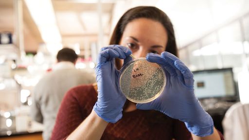UMass student with petri dish