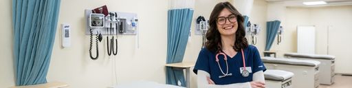 Nursing student, Aubrey Fazzone '26, in a nursing learning lab