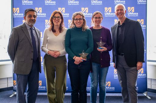 Dr. Nefeli Bompoti, Dr. Sarah Donelan, and Dr. Katrina Velle pictured after receiving the Rising Stars Award, joined by Dr. Ramprasad Balasubramanian and Chancellor Mark Fuller.