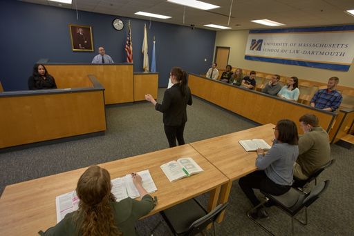 Law School students holding a mock trial in the Larkin Moot Courtroom