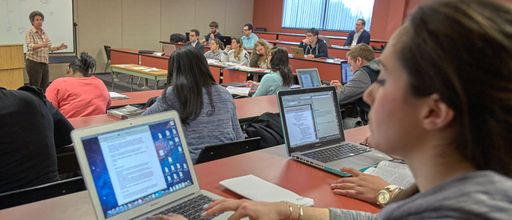 Law Professor Hillary Farber conducting a lecture.