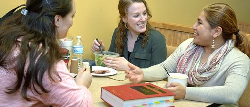 Law school students socializing in the lounge.