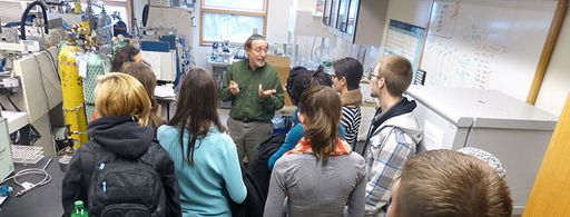 Professor and Chair of Estuarine & Ocean Sciences Mark Altabet gives undergraduate students a tour of the lab.