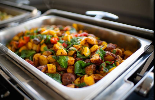 Closeup of potato and veggie medley dish