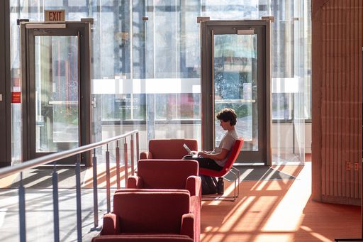 Student studying in light filled room