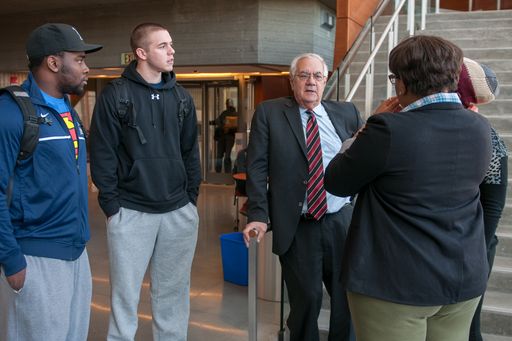 Barney Frank talking with students in the Library Living Room