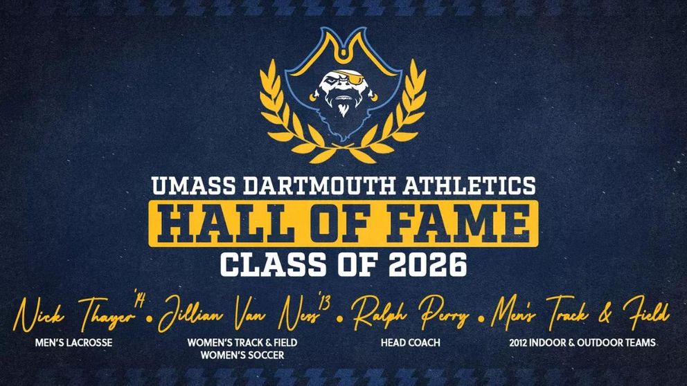 UMass Dartmouth Athletics Hall of Fame, Class of 2026 with signatures for Nick Thayer '14 (Men's Lacrosse), Jillian Van Ness '13 (Women's Track & Field; Women's Soccer), Tennis Head Coach Ralph Perry, and the 2012 Indoor and outdoor men's track teams