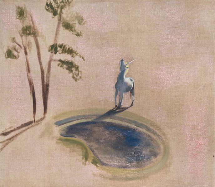The Unicorn’s Dream, 2025, oil and mineral pigment on hand-primed linen, 80x70 cm. Courtesy of the artist and Sapar Contemporary
